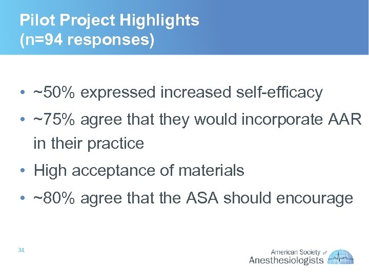 Pilot Project Highlights (n=94 responses) • ~50% expressed increased self-efficacy • ~75% agree that
