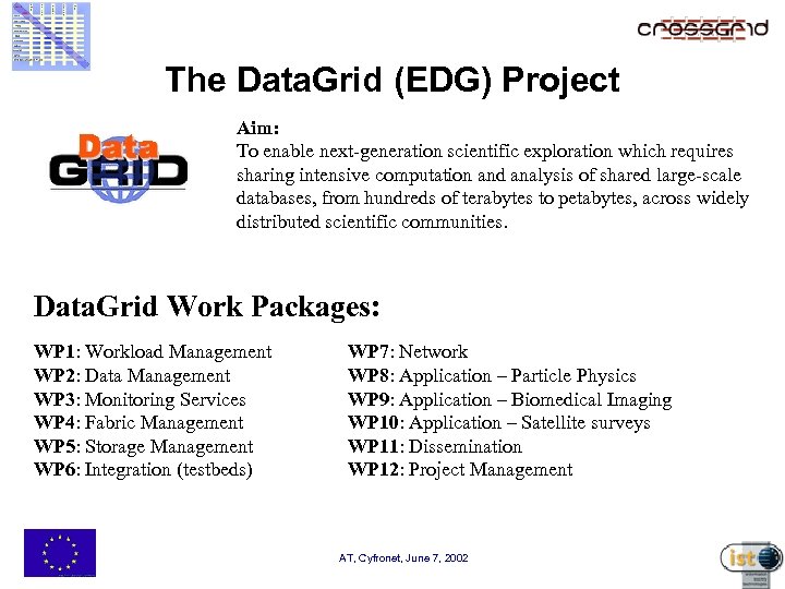 The Data. Grid (EDG) Project Aim: To enable next-generation scientific exploration which requires sharing