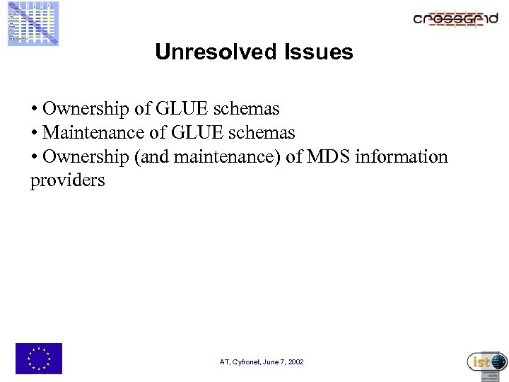 Unresolved Issues • Ownership of GLUE schemas • Maintenance of GLUE schemas • Ownership