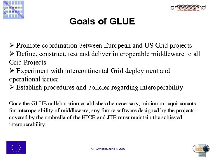 Goals of GLUE Ø Promote coordination between European and US Grid projects Ø Define,