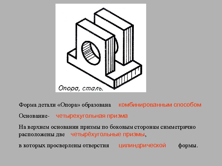 Форма детали «Опора» образована Основание- комбинированным способом четырехугольная призма На верхнем основании призмы по