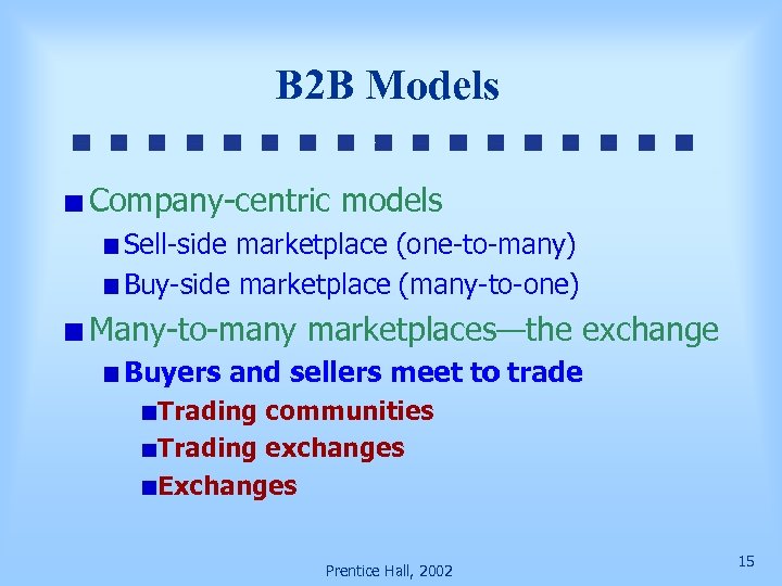 B 2 B Models Company-centric models Sell-side marketplace (one-to-many) Buy-side marketplace (many-to-one) Many-to-many marketplaces—the