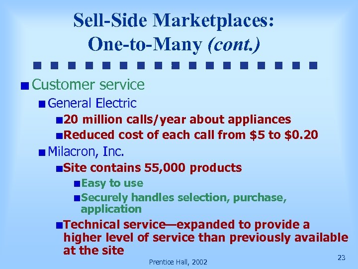 Sell-Side Marketplaces: One-to-Many (cont. ) Customer service General Electric 20 million calls/year about appliances