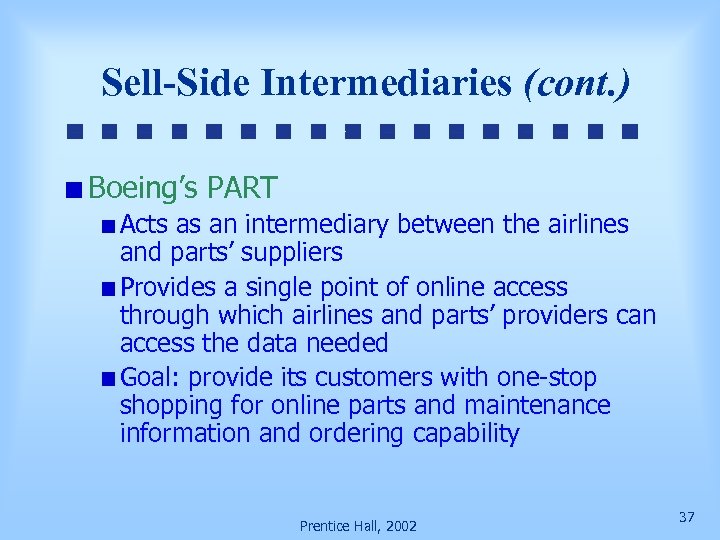 Sell-Side Intermediaries (cont. ) Boeing’s PART Acts as an intermediary between the airlines and
