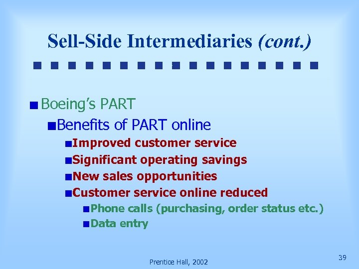 Sell-Side Intermediaries (cont. ) Boeing’s PART Benefits of PART online Improved customer service Significant