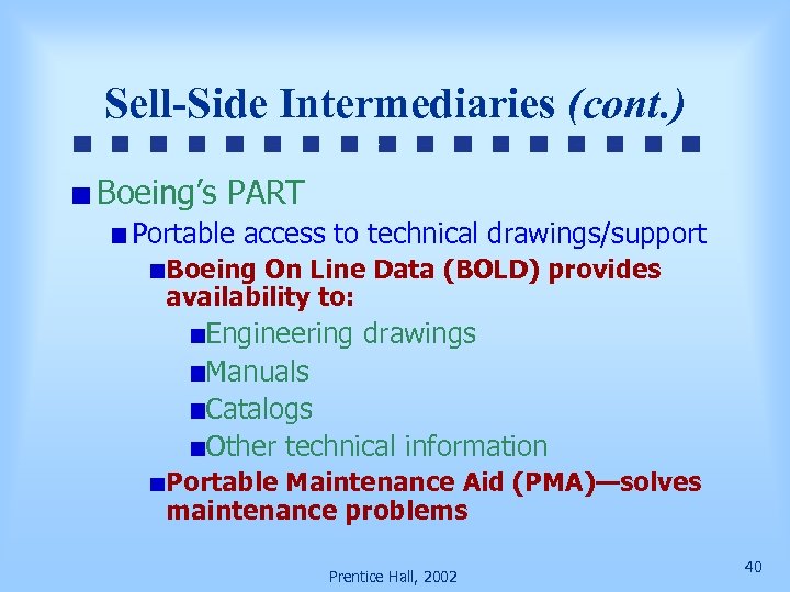 Sell-Side Intermediaries (cont. ) Boeing’s PART Portable access to technical drawings/support Boeing On Line