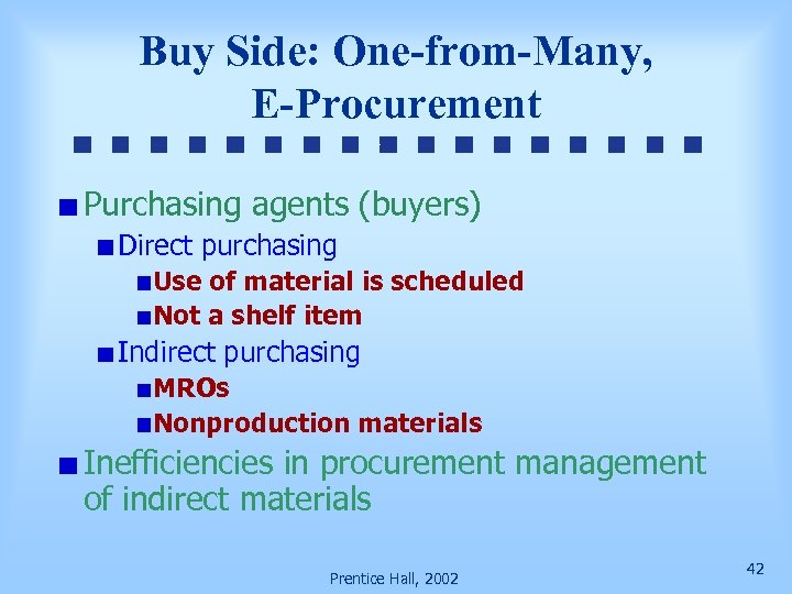 Buy Side: One-from-Many, E-Procurement Purchasing agents (buyers) Direct purchasing Use of material is scheduled