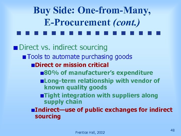 Buy Side: One-from-Many, E-Procurement (cont. ) Direct vs. indirect sourcing Tools to automate purchasing