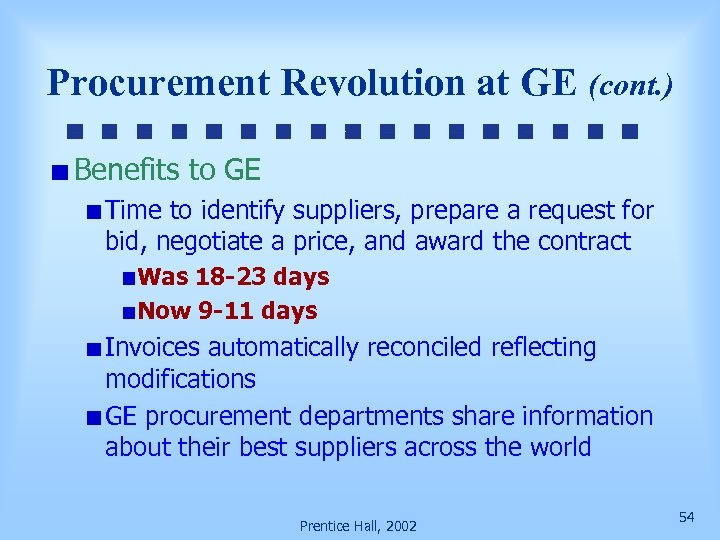 Procurement Revolution at GE (cont. ) Benefits to GE Time to identify suppliers, prepare