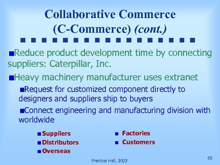 Collaborative Commerce (C-Commerce) (cont. ) Reduce product development time by connecting suppliers: Caterpillar, Inc.