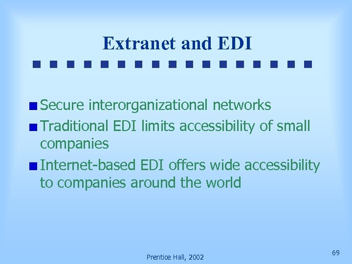Extranet and EDI Secure interorganizational networks Traditional EDI limits accessibility of small companies Internet-based