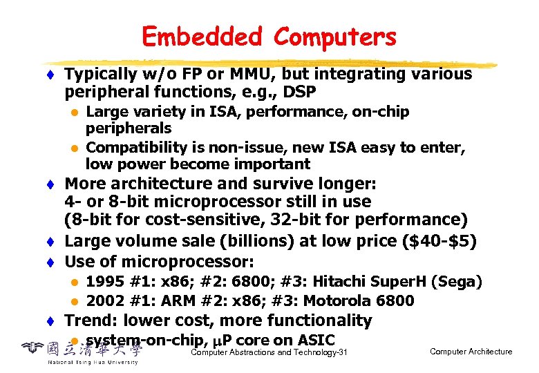 Embedded Computers t Typically w/o FP or MMU, but integrating various peripheral functions, e.