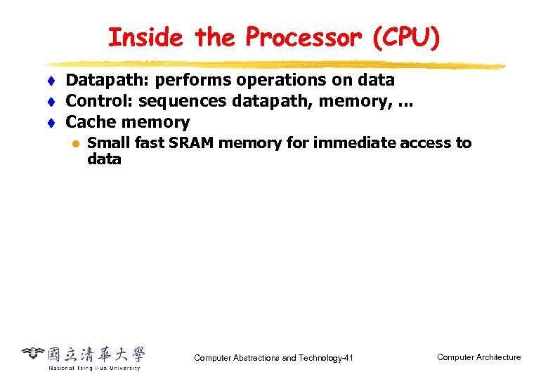 Inside the Processor (CPU) t t t Datapath: performs operations on data Control: sequences