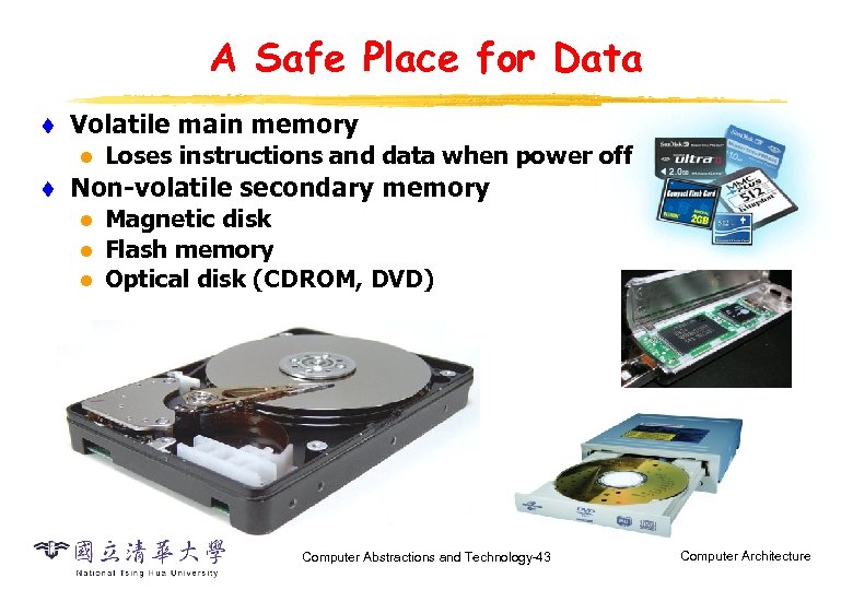 A Safe Place for Data t Volatile main memory l t Loses instructions and