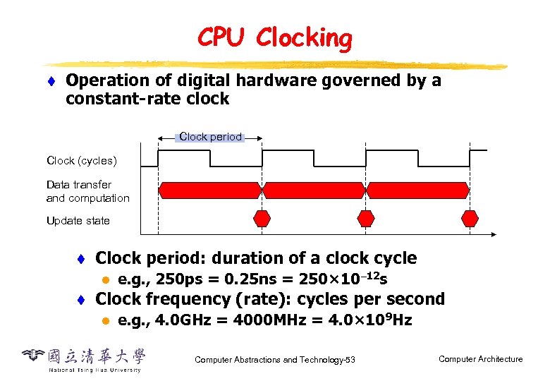 CPU Clocking t Operation of digital hardware governed by a constant-rate clock Clock period