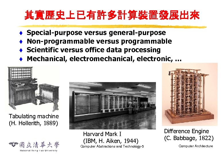 其實歷史上已有許多計算裝置發展出來 t t Special-purpose versus general-purpose Non-programmable versus programmable Scientific versus office data processing