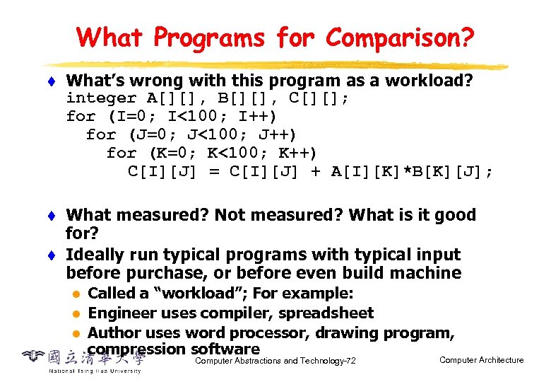 What Programs for Comparison? t What’s wrong with this program as a workload? integer