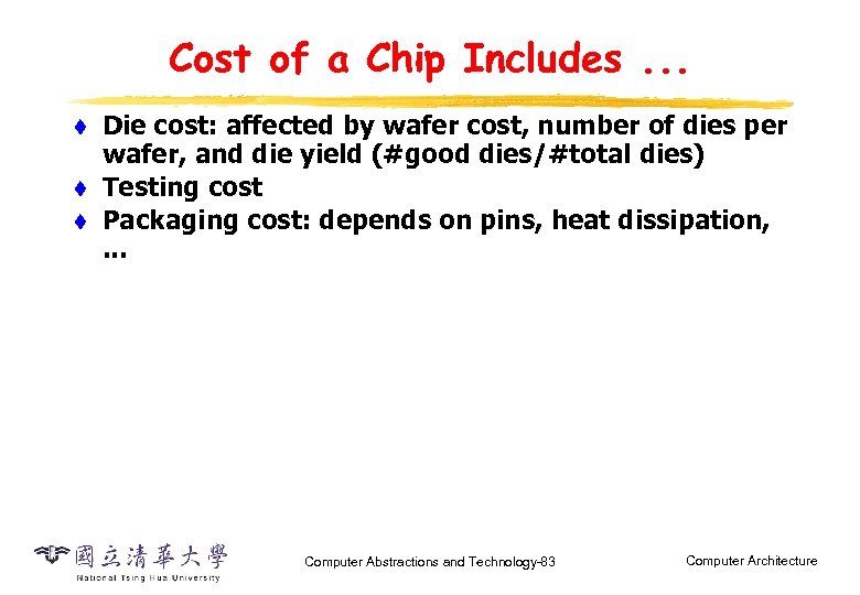 Cost of a Chip Includes. . . t t t Die cost: affected by