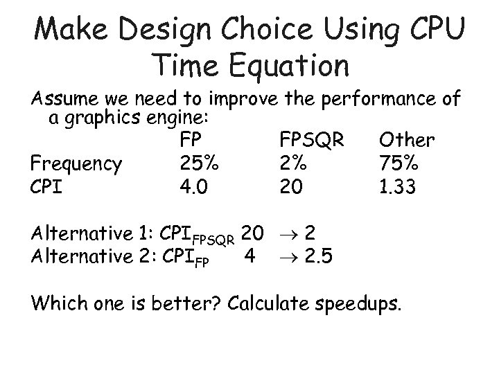 Make Design Choice Using CPU Time Equation Assume we need to improve the performance