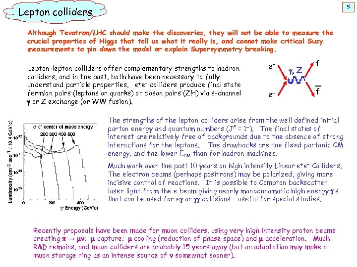5 Lepton colliders Although Tevatron/LHC should make the discoveries, they will not be able