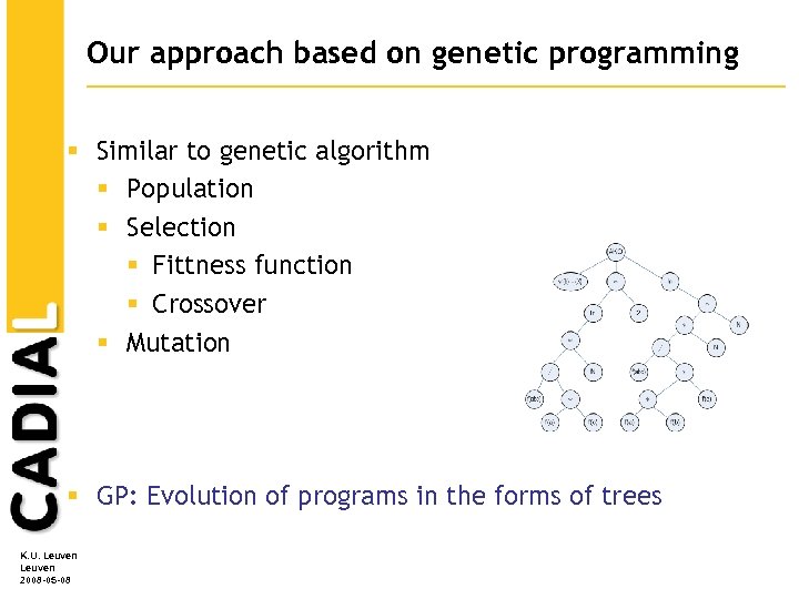 Our approach based on genetic programming § Similar to genetic algorithm § Population §