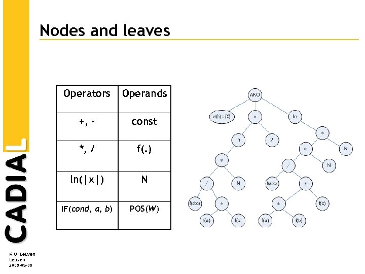 Nodes and leaves Operators +, - const *, / f(. ) ln(|x|) N IF(cond,