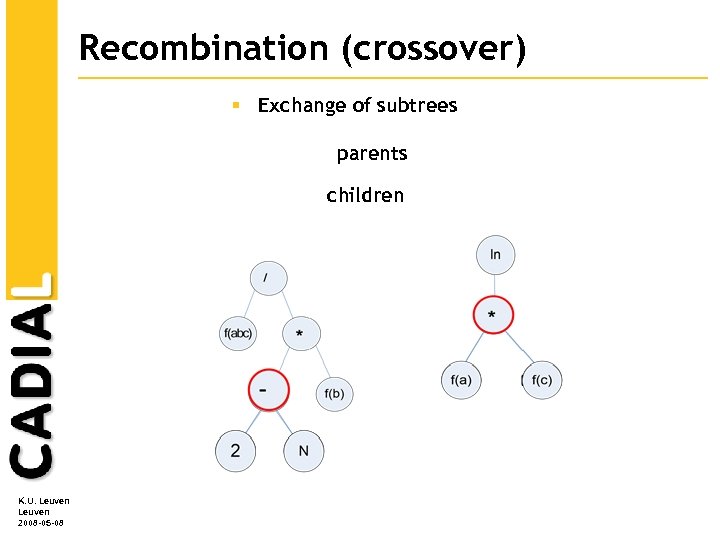 Recombination (crossover) § Exchange of subtrees parents children K. U. Leuven 2008 -05 -08