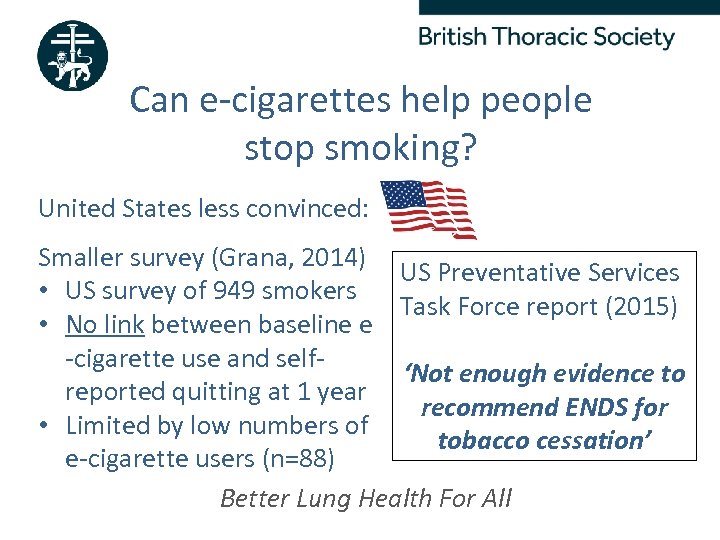 Can e-cigarettes help people stop smoking? United States less convinced: Smaller survey (Grana, 2014)