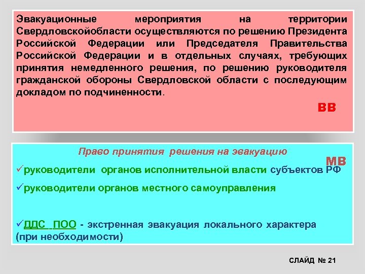 Эвакуационные мероприятия на территории Свердловскойобласти осуществляются по решению Президента Российской Федерации или Председателя Правительства