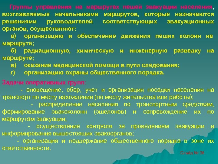 Группы управления на маршрутах пешей эвакуации населения, возглавляемые начальниками маршрутов, которые назначаются решениями руководителей