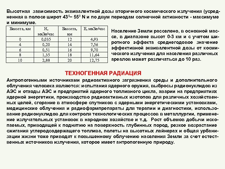 Высотная зависимость эквивалентной дозы вторичного космического излучения (усредненная в полосе широт 430 550 N