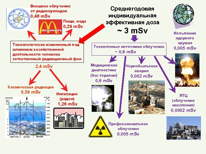 Внешнее облучение от радионуклидов 0, 48 m. Sv Пища, вода 0, 29 m. Sv