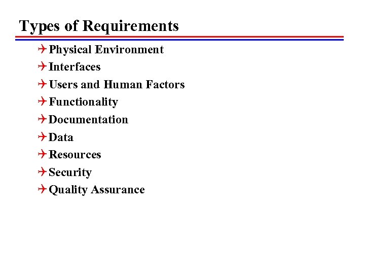 Types of Requirements Q Physical Environment Q Interfaces Q Users and Human Factors Q