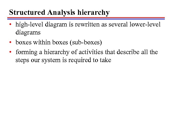 Structured Analysis hierarchy • high-level diagram is rewritten as several lower-level diagrams • boxes