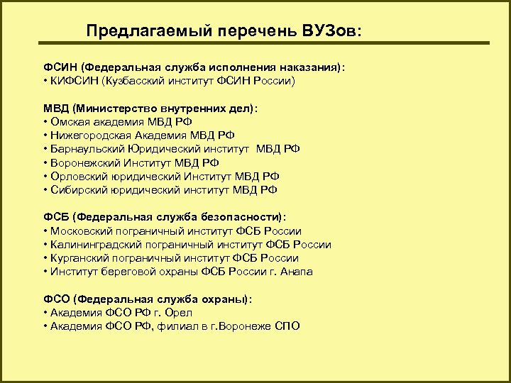 Предлагаемый перечень ВУЗов: ФСИН (Федеральная служба исполнения наказания): • КИФСИН (Кузбасский институт ФСИН России)