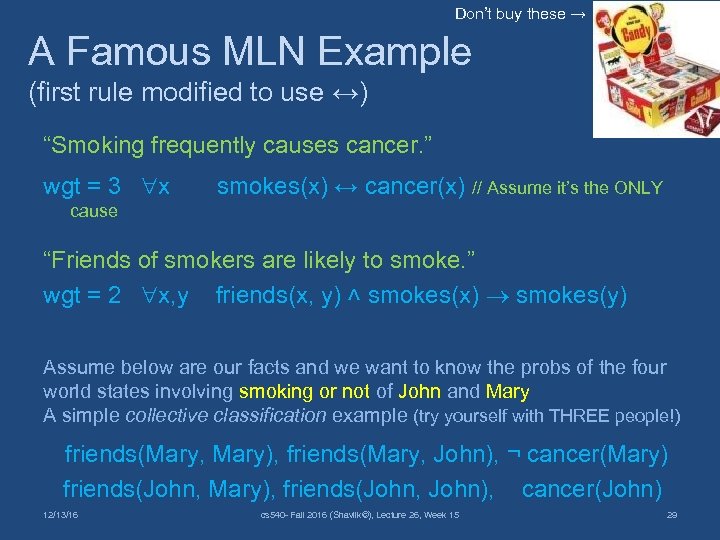 Don’t buy these → A Famous MLN Example (first rule modified to use ↔)