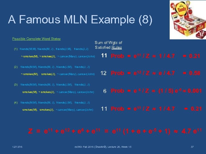 A Famous MLN Example (8) Possible Complete Word States (1) friends(M, M), friends(M, J)