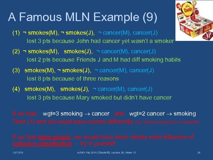 A Famous MLN Example (9) (1) ¬ smokes(M), ¬ smokes(J), ¬ cancer(M), cancer(J) lost