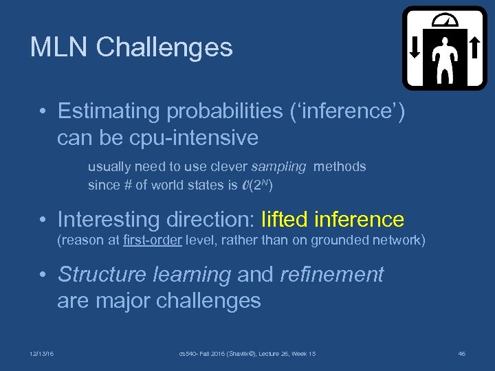 MLN Challenges • Estimating probabilities (‘inference’) can be cpu-intensive usually need to use clever