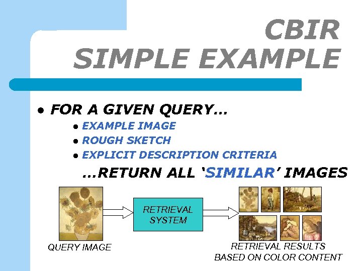 CBIR SIMPLE EXAMPLE l FOR A GIVEN QUERY… l l l EXAMPLE IMAGE ROUGH