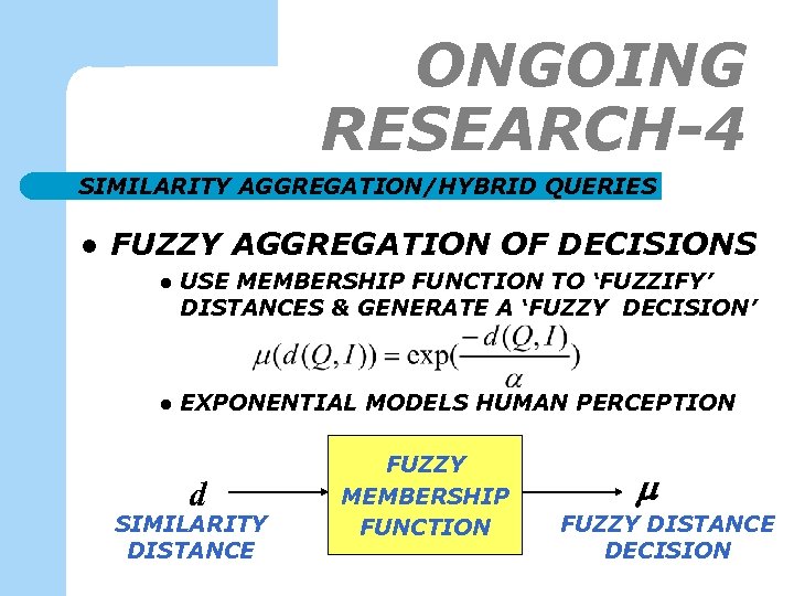 ONGOING RESEARCH-4 SIMILARITY AGGREGATION/HYBRID QUERIES l FUZZY AGGREGATION OF DECISIONS l USE MEMBERSHIP FUNCTION