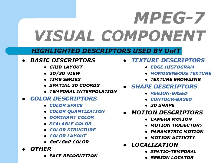 MPEG-7 VISUAL COMPONENT HIGHLIGHTED DESCRIPTORS USED BY Uof. T l BASIC DESCRIPTORS l l