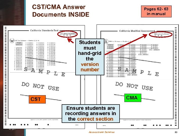 CST/CMA Answer Documents INSIDE Pages 62 - 63 in manual Students must hand-grid the
