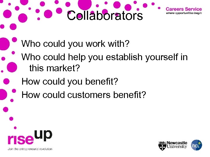 Collaborators Who could you work with? Who could help you establish yourself in this