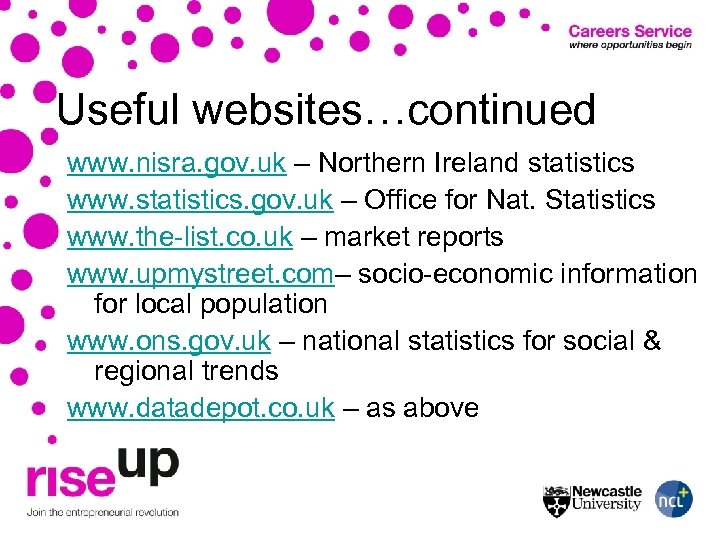 Useful websites…continued www. nisra. gov. uk – Northern Ireland statistics www. statistics. gov. uk