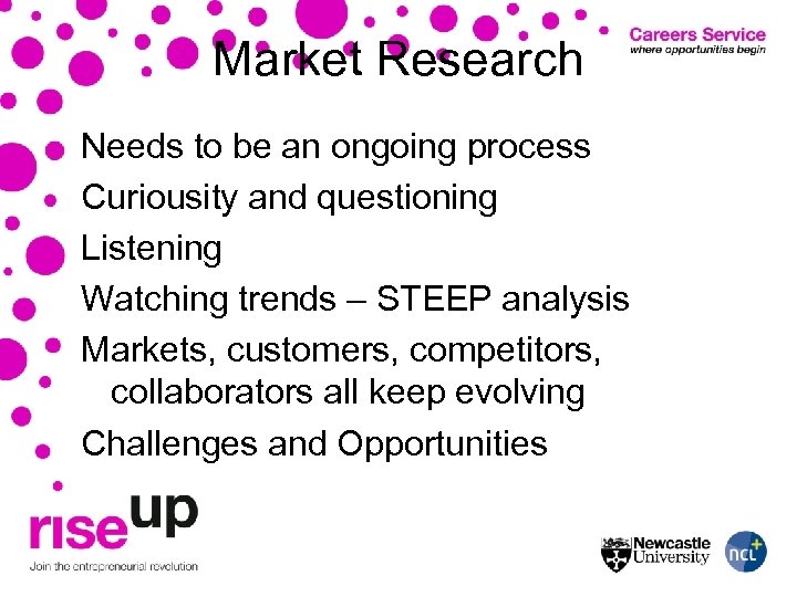 Market Research Needs to be an ongoing process Curiousity and questioning Listening Watching trends