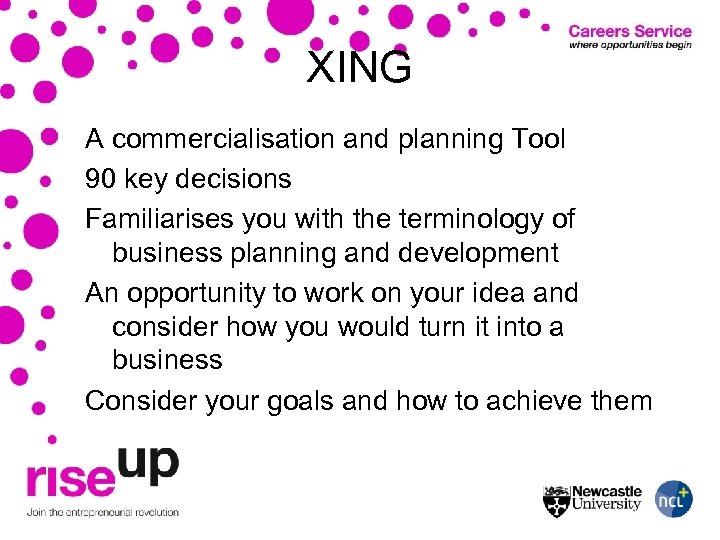 XING A commercialisation and planning Tool 90 key decisions Familiarises you with the terminology