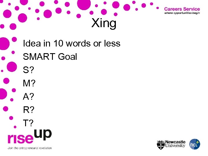 Xing Idea in 10 words or less SMART Goal S? M? A? R? T?