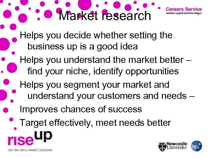 Market research Helps you decide whether setting the business up is a good idea