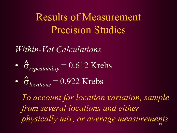 Results of Measurement Precision Studies Within-Vat Calculations • ^repeatability = 0. 612 Krebs •